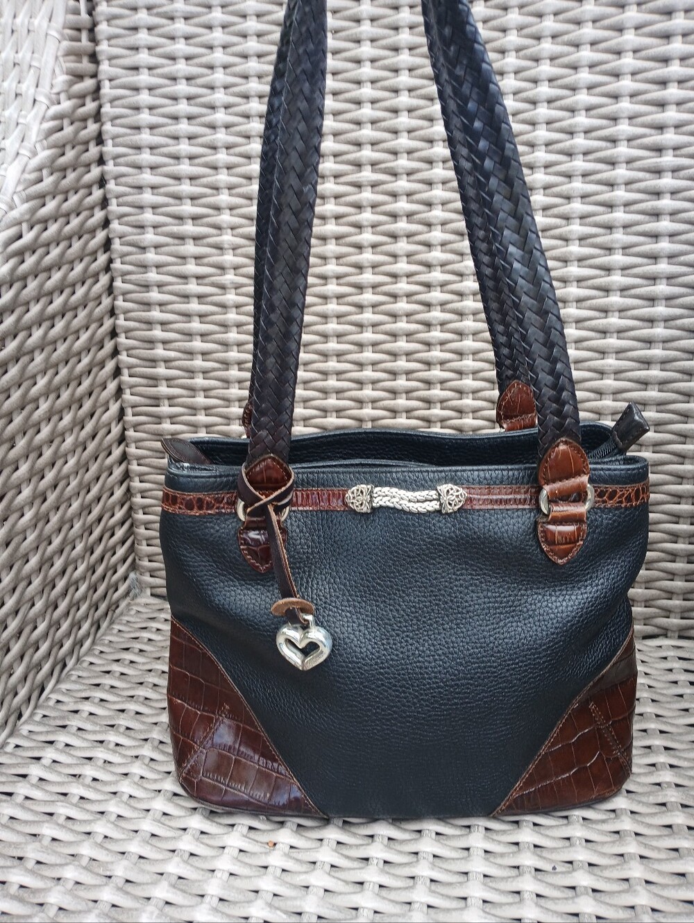 Brighton Black and Brown Women’s Leather Shoulder Bag with Heart Charm